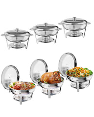 GARVEE 5QT Chafing Dish Buffet Set of 2 Pack, Round Stainless Steel Food Warmers Buffet Servers Sets, Chafer with Food & Water Pan, Lid, Frame, Fuel Holder for Catering and Parties - 6-Pack