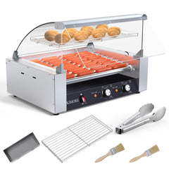 GARVEE Hot Dog Roller, 24 Hot Dog 9 Roller Grill Cooker Machine with Glass Warming Cover,LED Lighting, Removable Drip Tray, Stainless Steel Hot Dog Machine for Commercial Use