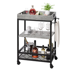 GARVEE Bar Carts for The Home, Bar Cart, Serving Cart with Wheels, 3 Tier Bar Cart with Wine Rack, Wheel Locks - Grey