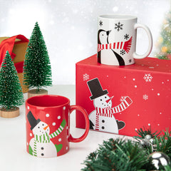 GARVEE 2 Pcs Ceramic Christmas Mugs, Premium Merry Christmas Gifts, 12 oz Red and White Mugs with Handle, Microwave Safe for Coffee Tea Cocoa Milk Cereal, Penguin and Snowman