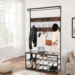 Entryway Coat Rack 3-In-1, Hall Tree With Storage Bench, 5 Storage Shelves, Hall Tree With 5 Remove Hooks, Multifunctional, Sturdy Steel Frame, Large Size, Industrial Design, for Home Entrayway