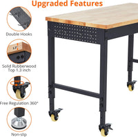 48x24 Inch Adjustable Workbench, 2000 Lbs, Power Outlets, Casters