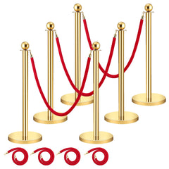 GARVEE Velvet Ropes and Posts, GARVEE Crowd Control Barriers, 3 Red Velvet Rope 5 Ft, 4 Pcs 38 Inch Gold Stanchion Post with Ball Top for Red Carpet, Theaters, Parties, Wedding, Exhibition - 6pcs