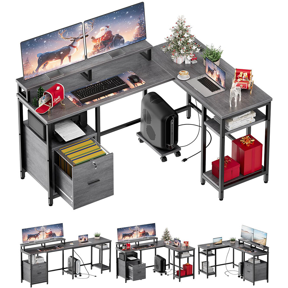 GARVEE L Shaped Computer Desk 67" Reversible Gaming Desk with Power Outlet, File Drawer, 2 Monitor Stands, Adjustable Storage Shelf, Rustic Gray, Home Office