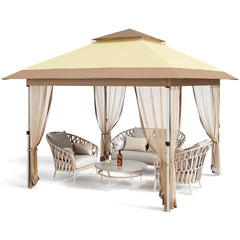 GarveeLife 12ft*12ft Gazebo Outdoor Canopy Tent with Curtains and 144 Square Shelter for Patio,Backyard Party, with Mosquito Netting, 2-Tiered Vented Top, Beige