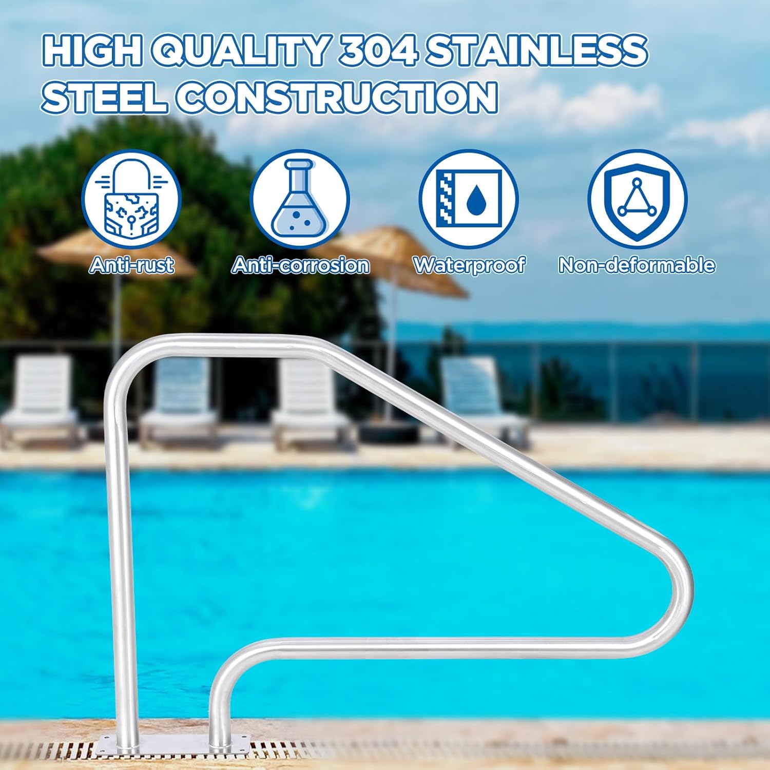 Pool Handrail 50x36 Pool Rail 304 Stainless Steel Silver Rustproof Pool Stair Rail with Blue Grip Cover Humanized Swimming Pool Railing, Quick Mount Accessories for Pools and Spas
