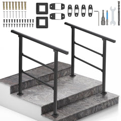 GARVEE Handrails for Outdoor Steps, 3 Step Handrail Fit 2 or 3 Steps Outdoor Stair Railing, Black Wrought Iron Stair Handrail with Installation Kit, Metal Porch Railing - 3 Steps-B / 2