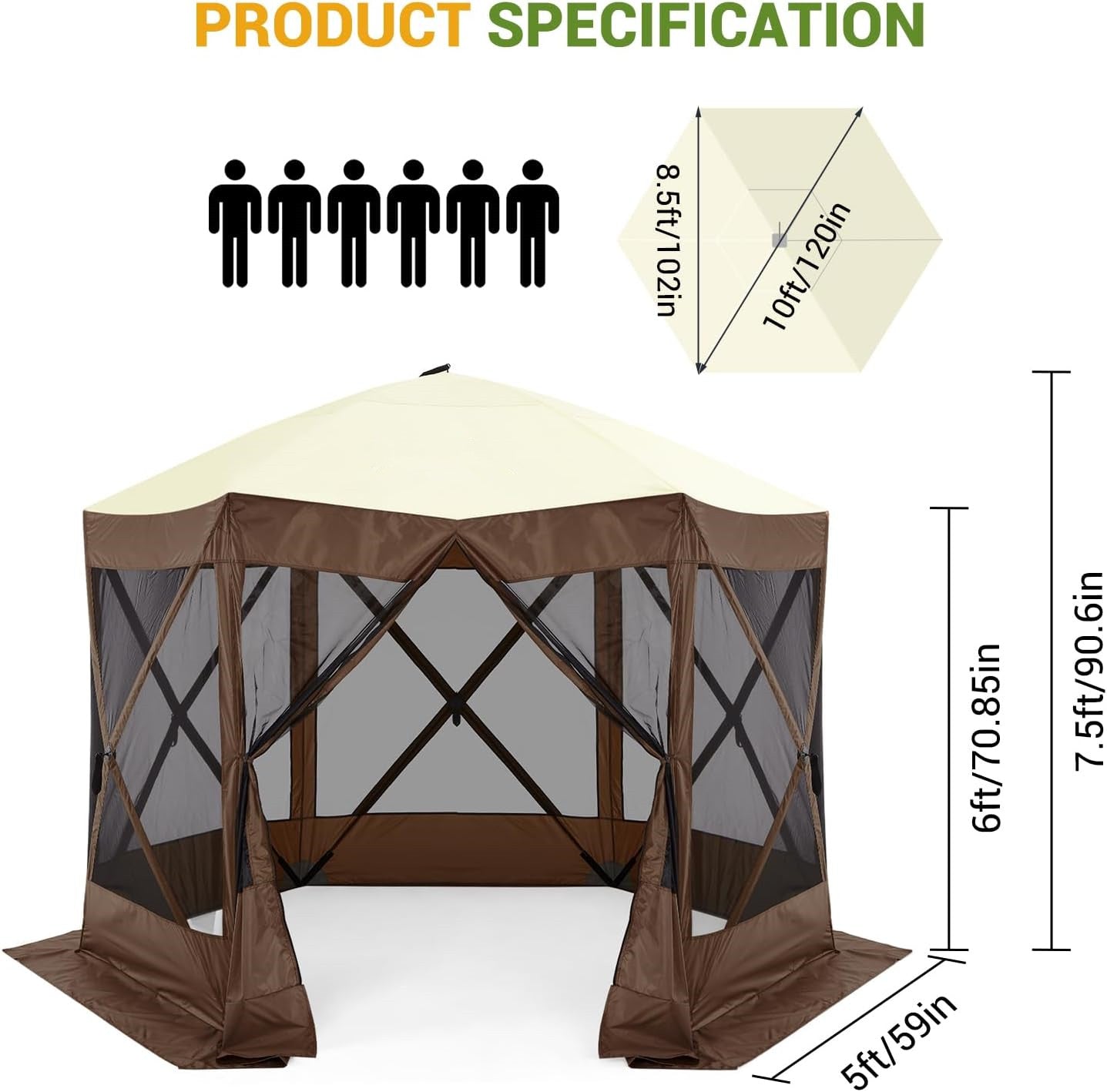 GARVEE 10x10ft Camping Gazebo, Portable Pop Up Canopy Screen Tent 6 Sided with Mesh Windows and Carry Bag for Camping, Outdoor, Picnic, Backyard Party Outside Activities, Brown