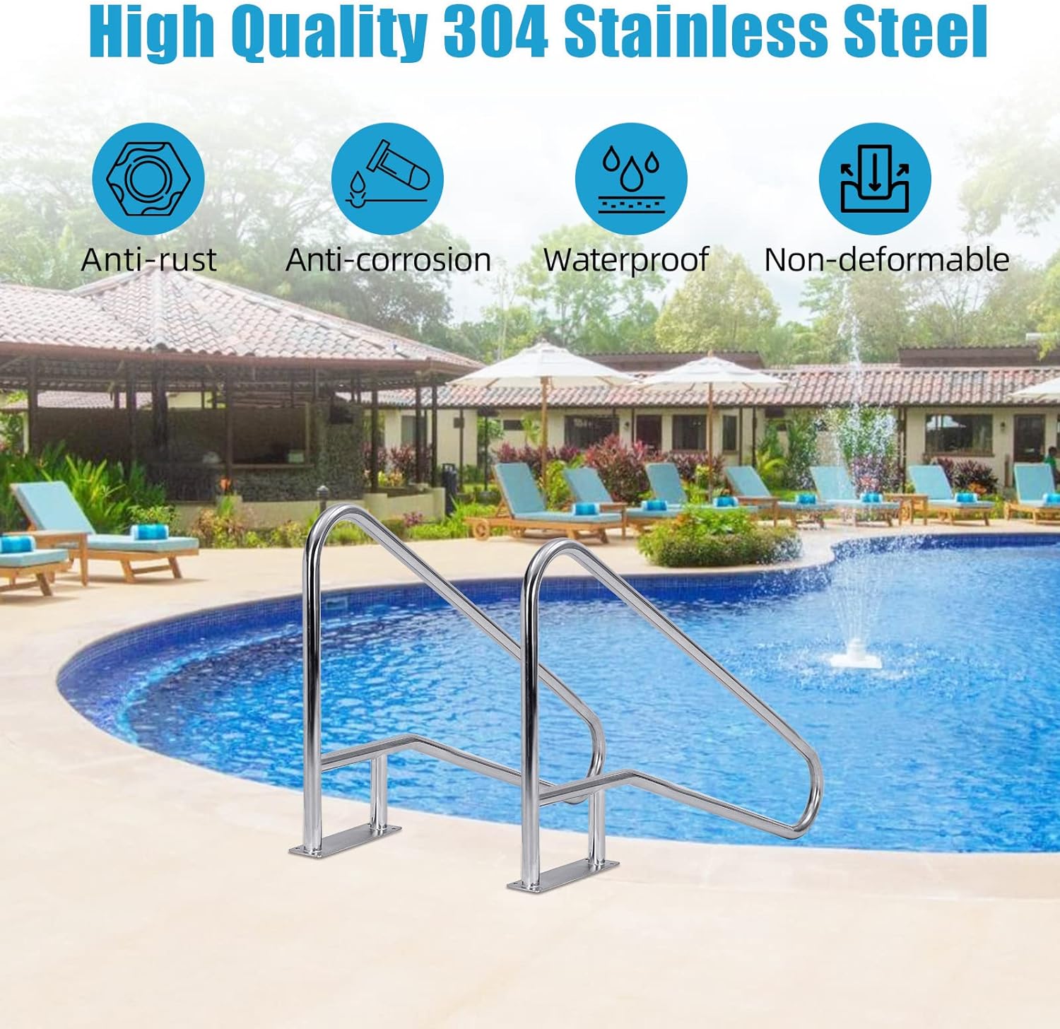 GARVEE Pool Rail 55"x 32", 304 Stainless Steel 385LBS Load Capacity Silver Rustproof Pool Handrail for Inground Pool with Blue Grip Cover & Accessories