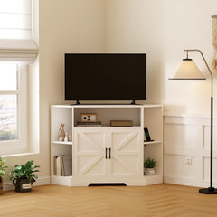 GARVEE - Soporte de TV de esquina de 32 pulgadas de alto para TV de 40/50/55 pulgadas, centro de entretenimiento blanco con puerta de bar, consola de TV de granja con almacenamiento para sala de