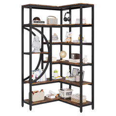 GARVEE L-Shaped Corner Bookshelf 6-Tier + Industrial Wooden Bookcase + Retro Brown + Adjustable Legs + Home, Office, Bedroom