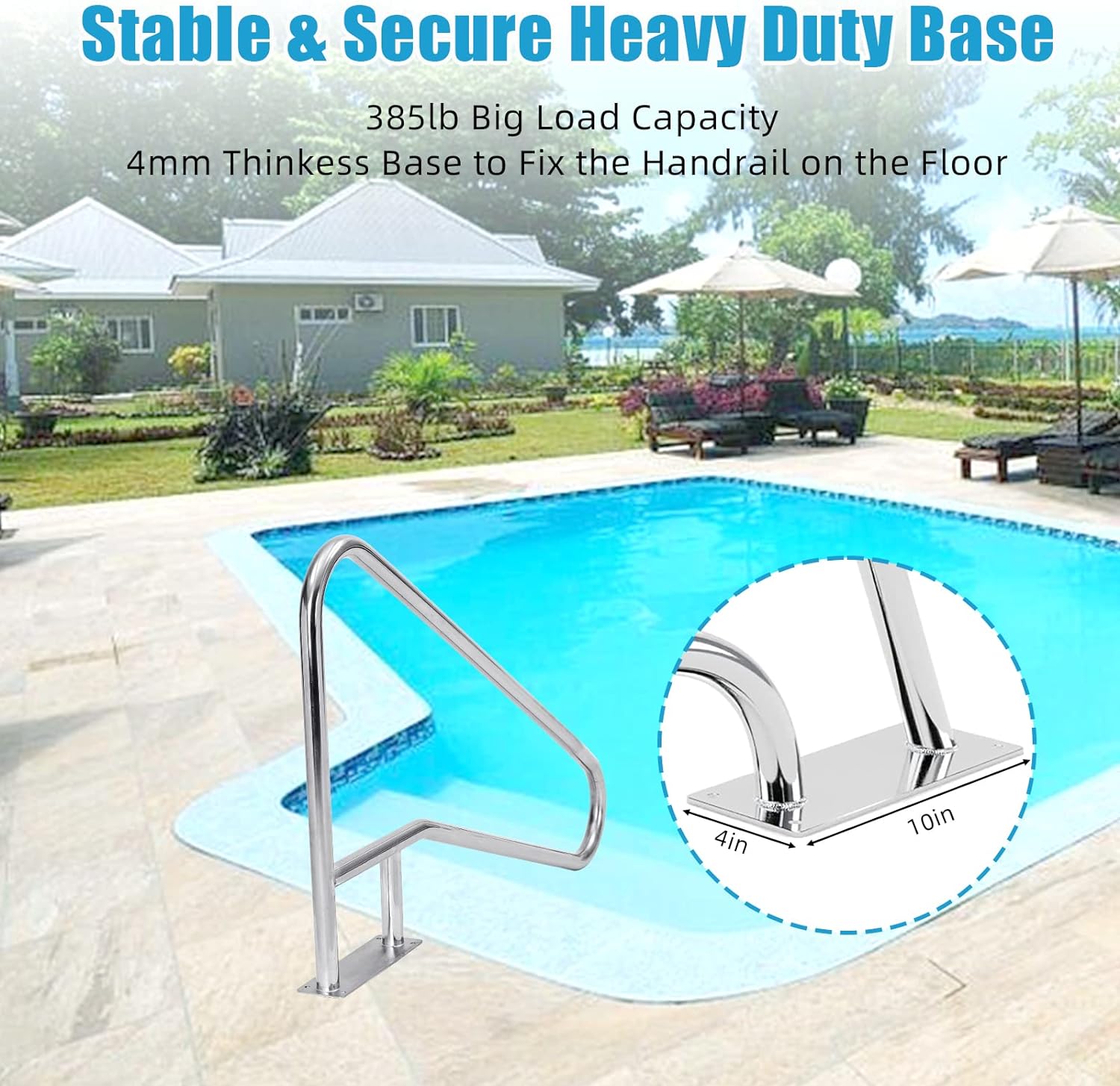 GARVEE Pool Rail 55"x 32", 304 Stainless Steel 385LBS Load Capacity Silver Rustproof Pool Handrail for Inground Pool with Blue Grip Cover & Accessories