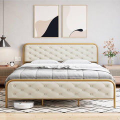 GARVEE Full Size Bed Frame with Elegant Button Tufted Curved Headboard, Velvet Upholstered Platform Bed Frame, Golden Heavy Duty Mattress Foundation, Noise Free, No Box Spring Needed, Gold-Beige