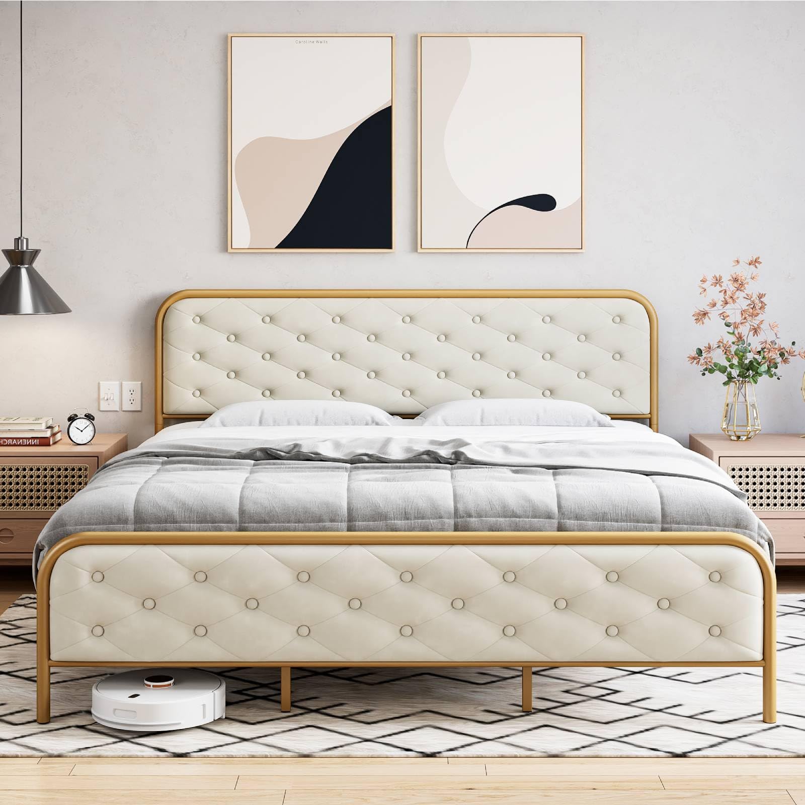 GARVEE King Size Bed Frame with Elegant Button Tufted Curved Headboard