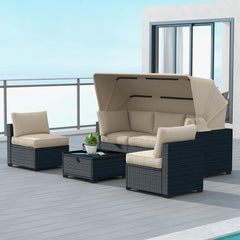 GARVEE Patio Furniture Set, 6 Pieces Outdoor Wicker Furniture with Canopy, Outdoor Sectional Sofa and Table with Storage, Patio Conversation Sets for Balcony, Porch, Garden, Backyard, Soft Beige Cushion