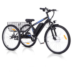 Adult 3-Wheel Electric Bike, 7-Speed Electric Trike with Basket - Black Blue / 24 inch Wheel