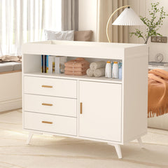 GARVEE Nursery Dresser with Baby Changing Table,Diaper Changing Tables with 3-Drawer & Shelves, Baby Dresser with Changing Table Top, Dresser for Nursery, Wood Diaper Changing Station