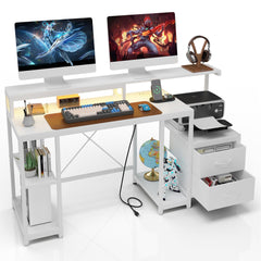 GARVEE Computer Desk with LED Light & Power Outlets, Monitor Stand, Printer Space, Drawers, Storage Shelves, Study Work Desk, White - White