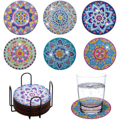 GARVEE 6/8 Pcs Diamond Art Coasters with Holder,5d DIY Full Diamond Acrylic Round Diamond Painting Coaster,Suitable for Children and Adults with Digital Painting Diamond Crafts