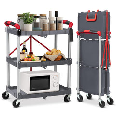 GARVEE 3 Tier Folding Utility Service Cart, 56lb/Tier 360 Swivel Collapsible Cart with Wheels, Folding Cart with Wheels Collapsible, Service Cart for Tool, Cleaning, Bar, Garage, Kitchen, Office Grey