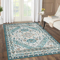 GARVEE Washable Rug 4x6 Boho Rug Vintage Floral Print Area Rug Non-Slip Soft Indoor Floor Cover Carpet Distressed Foldable Accent Rug for Bedroom Living Room, 4’x6’, Boho Green