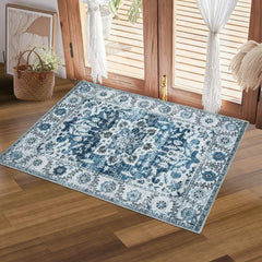 GlowSol Area Rug 2x3 Vintage Area Rug Oriental Distressed Small Entryway Rug Thin Rug Chenille Mat Foldable Accent Rug Non-Slip Throw Small Area Rug for Bathroom Kitchen Bedroom (Blue)