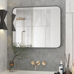 GARVEE Black Bathroom Mirror 40x28 Metal Framed Round Rectangle, Wall-Mounted, Hangs Horizontally or Vertically, Aluminum Alloy Frame, HD Glass, Moisture-Proof, Farmhouse Decor