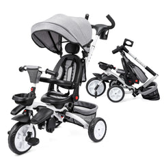 GARVEE Babevy 7-in-1 Baby Tricycle, Folding Toddler Trike, Adjustable Push Handle, Rotatable Seat, Safety Harness, All-Terrain Wheels, For 1-5 Year Olds (Gray)