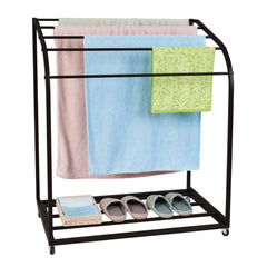 GARVEE Pool Towel Rack Outdoor with Wheels,PVC Trapedozal Outdoor Towel Rack for Pool,5 Bar Curved Towel Rack - Free Standing Poolside Storage Organizer,Towel Stand for Beach,Pool,Indoor,Black