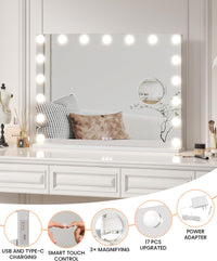 GARVEE Vanity Mirror with 17 LED Lights, 3X Magnification, 3 Color Modes (3000K-6000K), USB Type-C Charging, 32x24 Metal Frame, White