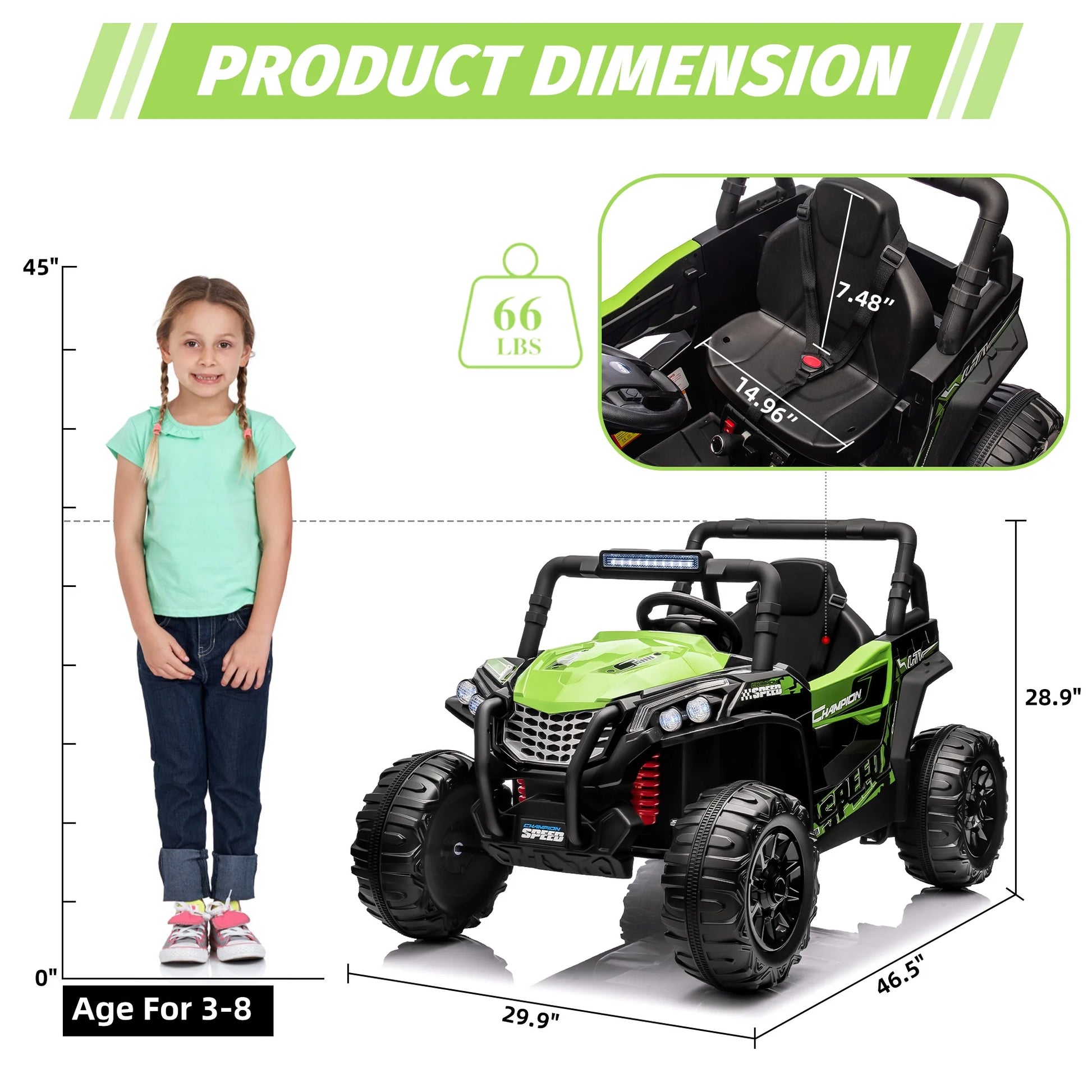 GARVEE Ride On Car for Kids, 12V Toy Electric Truck Utv with Large Wide Seat and Remote Control, Led Lights, Wireless Connection, Music, 2 Spring Suspension for 3-8 Boys & Girls