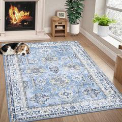 GARVEE Washable Rugs 8 x 10 Rug for Living Room Boho Vintage Area Rug for Bedroom Indoor Floral Bohemian Oriental Large Rug Soft Non Shedding Stain Resistant Carpet for Dining Room 8'x10' Blue