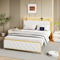 GARVEE Full Size Bed Frame, Storage Headboard with Charging Station, Platform Bed with Velvet Backrest, No Box Spring Needed, Easy Assembly, Beige