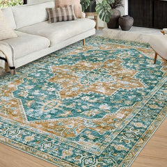 GlowSol Area Rug 9x12 Vintage Carpet Boho Area Rug Washable Distressed Accent Throw Low Pile Rug Indoor Floor Carpet Rug for Bedside Dining Room Living Room Decor, Turquoise