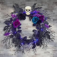 GarveeLife Halloween Skull Wreath for Front Door with Lights, 20 Inch Pre-Lit Black Purple Rose Spider, Gothic Garland Creepy Decor for Home Wall Porch Outdoor Indoor