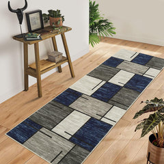 GARVEE Washable Runner Rug 2x6 Runner Modern Geometric Rug Non Slip Kitchen Rugs Entryway Rug Contemporary Soft Bathroom Rugs Stain Resistant Carpet for Hallway Laundry Blue/Taupe 2'x6'