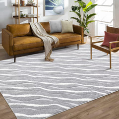 GARVEE 11x15 Area Rug Large Modern Indoor Floor Cover Vintage Abstract Waves Area Rug Ultra Soft Non-Slip Shaggy Rug Aesthetic Minimalist Throw Carpet for Living Room Bedroom Home Office Light Grey