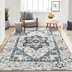 GARVEE Washable Rug 3x5, Vintage Area Rugs for Living Room with Non-Slip Backing, Low Pile Floor Mat Carpet for Dining Room Bedroom Kitchen Laundry Entryway Home Decor, Blue