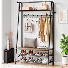 GARVEE 4-in-1 Hall Tree Coat Rack Shoe Bench, Wood Look Accent, Steel Frame, Storage Shelf, Hanging Bar, Industrial, Rustic Brown & Black