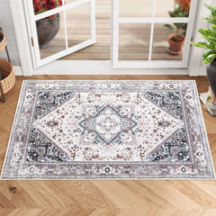 COZYLOOM 6x9 Boho Area Rug Ultra-Soft Thin Rug Indoor Oriental Floral Floor Carpet Machine Washable Rug Low Pile Non Slip Foldable Rug for Bedroom Living Room Dining Room Home Office Blue