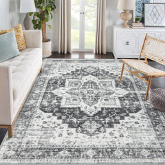 GARVEE Area Rug 9x12 Non-Slip Vintage Low Pile Rugs Washable Rug Indoor Floor Cover Print Distressed Carpet Non-Shedding Oriental Area Rug for Living Room Bedroom, 9’x12’, Grey