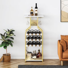 Garvee Metal Wine Rack Wine Bottle Holders Stands Freestanding Floor, Wine Storage Organizer Display Rack Table Wine Glass Rack for Bar Kitchen Dining Living Room, Small Spaces (Gold)