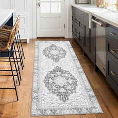 GARVEE Washable Vintage Floral Runner Rug 2x6- Non-Slip Print, Non-Shedding, Soft Foldable Carpets for Dining Room, Bedroom, Living Room, Kitchen Entryway, Grey