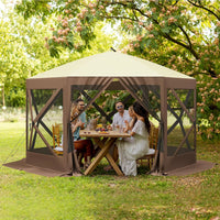 GARVEE 10x10ft Camping Gazebo, Portable Pop Up Canopy Screen Tent 6 Sided with Mesh Windows and Carry Bag for Camping, Outdoor, Picnic, Backyard Party Outside Activities, Brown