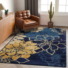 Garvee Modern Area Rug 6x9 Blooming Flowers Accent Rug Contemporary Floral Floor Carpet Indoor Plush Floor Cover Non-Slip Low Pile Floor Mat Aesthetic Accent Rug for Living Room Bedroom Blue