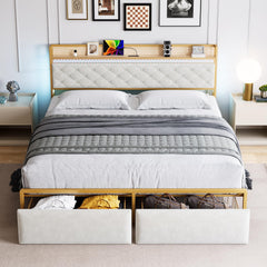 GARVEE King Bed Frame with Storage Headboard and 2 Drawers LED Lights Metal Platform Bed Frame with USB Ports&Outlets, Noise Free, No Box Spring Needed, White