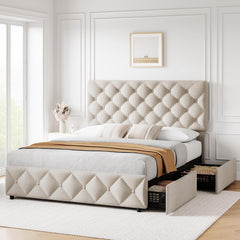 GARVEE Queen Size Bed Frame with 4 Storage Drawers and Adjustable Headboard, Linen Upholstered Platform Bed Frame with Adjustable Headboard, Diamond Stitched Button Tufted, No Box Spring Needed - Off White