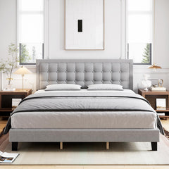 GARVEE King Size Linen Upholstered Bed Frame + Adjustable Headboard & Strong Wooden Slats + Non-Slip, Noise-Free + Grey