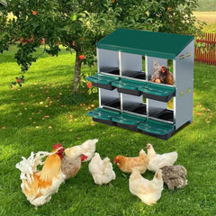 GARVEE Nesting Boxes for Chickens, 6 Compartment Roll Away Nesting Box with Egg Collection, Perch, Lid Cover for Egg Protection, Wall Mount/Free Standing Nest Box for Chickens