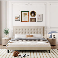 GARVEE King Size Platform Bed Frame with Upholstered Button Tufted Headboard, Metal Foundation with Wood Slats Support No Box Spring Needed for Bedroom in Beige